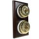 2 Gang 2 Way Period Asbury Vertical Dark Oak Wood - Fluted Polished Brass Dome Light Switch White Pattress