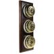 3 Gang 2 Way Period Asbury Vertical Dark Oak Wood - Polished Brass Fluted Dome Light Switch White Pattress