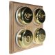 4 gang 2 Way Period Asbury Unfinished Oak Wood - Polished Brass Dome Light Switch White Pattress