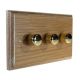 Wood 3 Gang 2Way Push on/Push off 3 x 250W/VA Dimmer Switch in Solid Limed Oak with Polished Brass Dimmer Caps