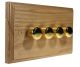 Wood 4 Gang 2Way Push on/Push off 4 x 250W/VA Dimmer Switch in Solid Light Oak with Polished Brass dimmer caps