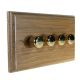 Wood 4 Gang 2Way Push on/Push off 4 x  LED Dimmer in Solid Limed Oak with Polished Brass dimmer caps