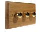 Wood 3 Gang 2Way  3 x 250W/VA Dimmer Switch in Solid Light Oak with Polished Brass dimmer caps