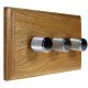 Wood 3 Gang 2Way  3 x 250W/VA Dimmer Switch in Solid Light Oak with designer  Retro Chrome Knob