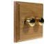 Wood 2 Gang 2Way 2 x LED Dimmer in Solid Light Oak with Polished Brass dimmer caps