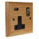 Classic 1G USB Charging Socket in Solid Oak with Antique Brass Rocker and Black Trim