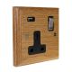 Classic 1G USB Charging Socket in Solid Oak with Satin Chrome Rocker and Black Trim.