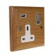 Classic 1G USB Charging Socket in Solid Oak with Satin Chrome Rocker and White Trim.