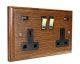 Classic 2G USB Charging Socket in Solid Medium Oak with Polished Brass Rocker and Black trim