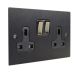 Penland 2 G 13A Switched Socket in Brushed Aluminium Matt Black with Antique Brass insert with Black Trim