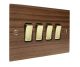 Walnut Flat Plate Wood 4 Gang 2Way 10Amp Rocker Switch with Polished Brass Rocker and Black trim