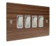 Walnut Flat Plate Wood 4 Gang 2Way 10Amp Rocker Switch with Satin Stainless Rocker and White Trim