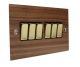 Walnut Flat Plate Wood 6 Gang 2Way 10Amp Rocker Switch with Polished Brass Rocker and Black trim