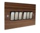 Walnut Flat Plate Wood 6 Gang 2Way 10Amp Rocker Switch with Satin Stainless Rocker and Black Trim