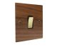 Walnut Flat Plate Wood 1 Gang Intermediate (3way switching)Rocker Switch with Polished Brass Rocker and Black trim