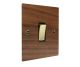 Walnut Flat Plate Wood 1G Double Pole 20Amp Rocker Switch with Polished Brass Rocker and Black trim