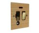 Solo Flat Plate Wood 1 Gang 13Amp Switch Fuse Spur with Neon and Flex Outlet in  Oak with Polished Brass Rocker and Black trim