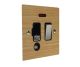 Solo Flat Plate Wood 1 Gang 13Amp Switch Fuse Spur with Neon and Flex Outlet in  Oak with Polished Stainless Rocker and Black Tr