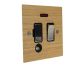 Solo Flat Plate Wood 1 Gang 13Amp Switch Fuse Spur with Neon and Flex Outlet in Oak with Satin Stainless Rocker and Black Trim