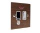 Walnut Flat Plate Wood 1 Gang 13Amp Switch Fuse Spur with Neon and Flex Outlet with Polished Stainless Rocker and White 