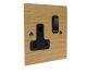 Solo Flat Plate Wood 1 Gang 13Amp Switched Socket in  Oak with Antique Brass Rocker and Black Trim