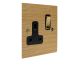 Solo Flat Plate Wood 1 Gang 13Amp Switched Socket in  Oak with Polished Brass Rocker and Black trim