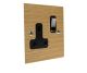 Solo Flat Plate Wood 1 Gang 13Amp Switched Socket in  Oak with Polished Stainless Rocker and Black Trim