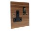 Walnut Flat Plate Wood 1 Gang 13Amp Switched Socket with Antique Brass Rocker and Black Trim