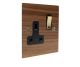 Walnut Flat Plate Wood 1 Gang 13Amp Switched Socket with Polished Brass Rocker and Black trim