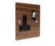 Walnut Flat Plate Wood 1 Gang 13Amp Switched Socket with Polished Stainless Rocker and Black Trim