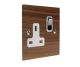 Walnut Flat Plate Wood 1 Gang 13Amp Switched Socket with Polished Stainless Rocker and White Trim