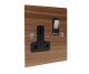 Walnut Flat Plate Wood 1 Gang 13Amp Switched Socket with Satin Stainless Rocker and Black Trim