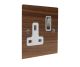 Walnut Flat Plate Wood 1 Gang 13Amp Switched Socket with Satin Stainless Rocker and White Trim