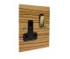 Solo Flat Plate Wood 1 Gang 13Amp Switched Socket in Zebrano with Polished Brass Rocker and Black trim