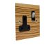 Solo Flat Plate Wood 1 Gang 13Amp Switched Socket in Zebrano with Polished Stainless Rocker and Black Trim