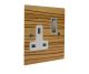 Solo Flat Plate Wood 1 Gang 13Amp Switched Socket in Zebrano with Satin Stainless Rocker and White Trim