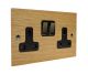 Solo Flat Plate Wood 2 Gang 13Amp Switched Socket in  Oak with Antique Brass Rocker and Black Trim