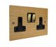 Solo Flat Plate Wood 2 Gang 13Amp Switched Socket in  Oak with Polished Brass Rocker and Black trim