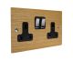 Solo Flat Plate Wood 2 Gang 13Amp Switched Socket in  Oak with Polished Stainless Rocker and Black Trim