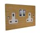 Solo Flat Plate Wood 2 Gang 13Amp Switched Socket in  Oak with Polished Stainless Rocker and White Trim