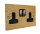 Solo Flat Plate Wood 2 Gang 13Amp Switched Socket in Oak with Satin Stainless Rocker and Black Trim