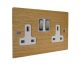 Solo Flat Plate Wood 2 Gang 13Amp Switched Socket in Oak with Satin Stainless Rocker and White Trim