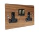 Walnut Flat Plate Wood 2 Gang 13Amp Switched Socket with Antique Brass Rocker and Black Trim