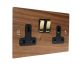 Walnut Flat Plate Wood 2 Gang 13Amp Switched Socket with Polished Brass Rocker and Black trim