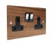 Walnut Flat Plate Wood 2 Gang 13Amp Switched Socket with Polished Stainless Rocker and Black Trim