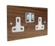 Walnut Flat Plate Wood 2 Gang 13Amp Switched Socket with Polished Stainless Rocker and White Trim