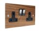 Walnut Flat Plate Wood 2 Gang 13Amp Switched Socket with Satin Stainless Rocker and Black Trim