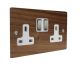 Walnut Flat Plate Wood 2 Gang 13Amp Switched Socket with Satin Stainless Rocker and White Trim