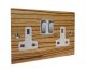 Solo Flat Plate Wood 2 Gang 13Amp Switched Socket in Zebrano with Polished Stainless Rocker and White Trim