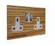 Solo Flat Plate Wood 2 Gang 13Amp Switched Socket in Zebrano with Satin Stainless Rocker and White Trim